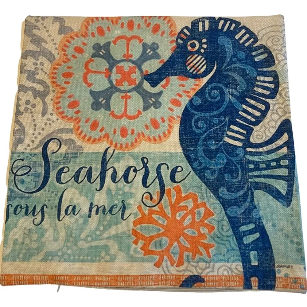 Coastal Sea Life Throw Pillow Covers Set of 4 Blue Orange Nautical 17.5x17.5 NWT